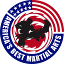 Patriotic Martial Arts Coffee Mug, 11oz/15oz, Perfect for Dojo Lovers, Gifts for Martial Artists, Coffee Lover's Pottery, USA Flag Design - ABMA logo black.png (front)